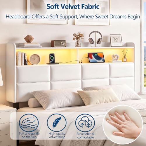 Garvee King Size Headboard Only with 2-Tier Storage,Charging Station,White