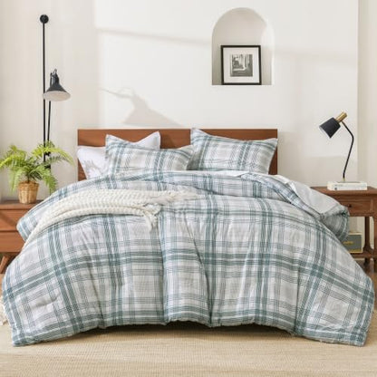 Andency Blue Plaid Comforter Set Full, Gingham Checkered Grid Bedding Set
