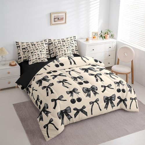 Erosebridal Black Cherry Bow King Size Comforter Set with Sheets Cute Silk Ribbon Bowknot 7 Piece Bedding Set, Princess Bow Tie Dreamy Kawaii Bed in a Bag, Princess Room Decor Aesthetic