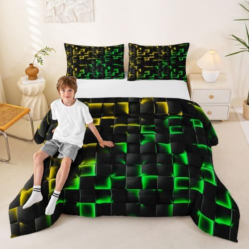 Erosebridal Geometric Checkered Comforter Set Toddler Neon Yellow Green Bedding Set for Kids Boys Teen Gamer Room Decor,Abstract Ombre Plaid Comforter Grids Quilt Duvet Black