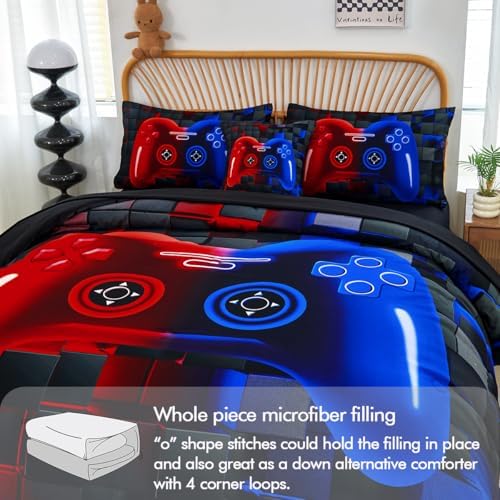 PERFEMET 6-Piece Boys Bedding Set Queen Size Red and Blue Game Console Kids Bed in A Bag Soft Lightweight 3D Cool Video Gamer Comforter Set with Sheets(Red Blue, Queen)