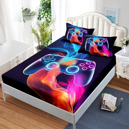 AILONEN Gamer Fitted Sheet Set Twin XL Size, 3 Pieces Gamer Bedding Boys Gaming Sheet Set,Video Game Bed Sheet Sets for Boys,Gamepad Game Controller Fitted Sheet with 2 Pillowcases