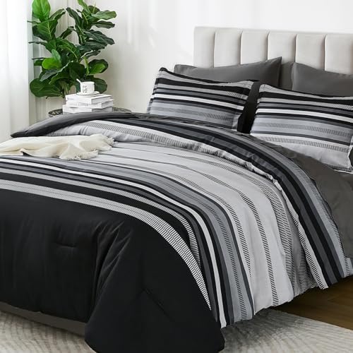 Dobuyly Black Comforter Set Twin Size Bed in a Bag 5 Piece, Classic Striped Black and Grey Bed Bedding Set with Sheets Soft Microfiber All Season for Teen Boys