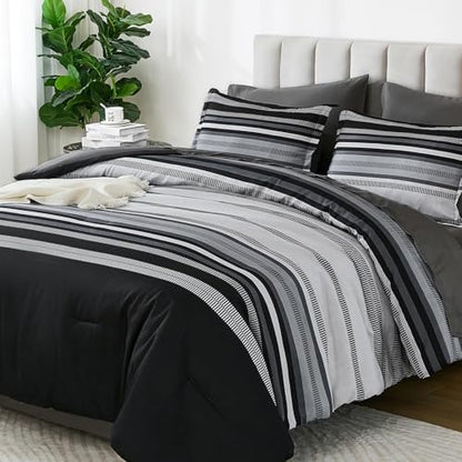 Dobuyly Black Comforter Set Twin Size Bed in a Bag 5 Piece, Classic Striped Black and Grey Bed Bedding Set with Sheets Soft Microfiber All Season for Teen Boys