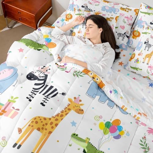 Erosebridal Party Animals 7 Piece Comforter Set Queen for Nursery | Funny Cartoon Wild Animals Bedding Set Kids Boys Girls Flamingo Giraffe Elephant Zebra Crocodile Sheets Love Heart Floral Quilt