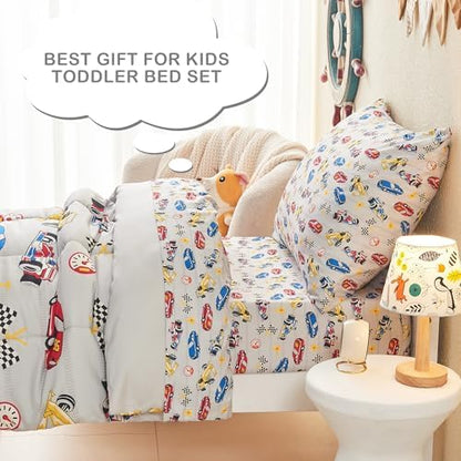 Mooreeke Toddler Bedding Sets for Boys, 4 Pieces Race Cars Printed