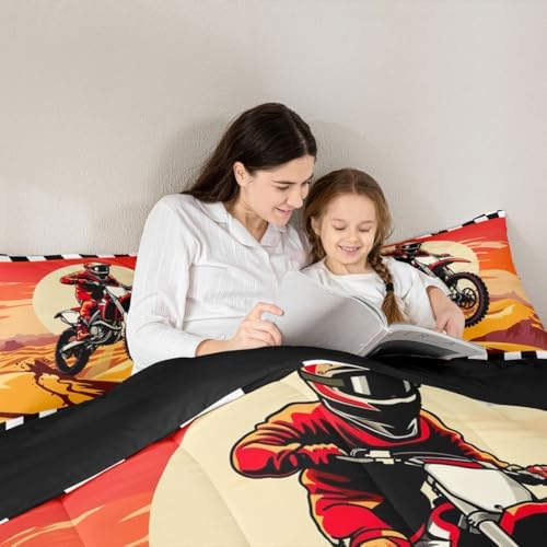 Feelyou Sunset Motocross Comforter Set Queen Dirt Bike Rider Bedding Set for Kids Boys Girls Checkered Flag Duvet Quilt Off-Road Racing Design Bedroom Decor Outdoor Sports 3 Pcs with 2 Pillow Cases