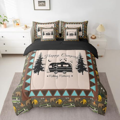 Erosebridal Kids Camping 7 Piece Comforter Set King Bed in a Bag,Camper Bedding Set for Travel Trailers,Rustic Farmhouse Style Bed Sheets,Happy Camping Aztec Tribal Geometric Down Comforter