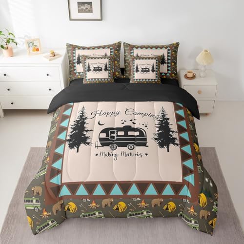 Erosebridal Kids Camping 7 Piece Comforter Set Queen Bed in a Bag,Camper Bedding Set for Travel Trailers,Rustic Farmhouse Style Bed Sheets,Happy Camping Aztec Tribal Geometric Down Comforter