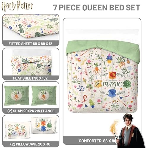 Harry Potter Queen Comforter Set 7 Piece Soft Floral Bedding, Multi