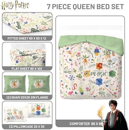 Harry Potter Queen Comforter Set 7 Piece Soft Floral Bedding, Multi