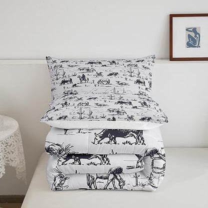 Feelyou Western Comforter Set Twin Size, White and Black Cowboy Cow Bedding Set Cowboy Comforter Desert Cactus Duvet Set Soft Bed Set 2Pcs