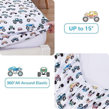 Viviland Kids Bedding Set Twin - Oeko-TEX 100 Certified Road Truck Comforter Set Bed in a Bag, Soft Breathable Microfiber Bedding with Sheets/Pillows, Cool Road Truck Adventure Theme for Boys