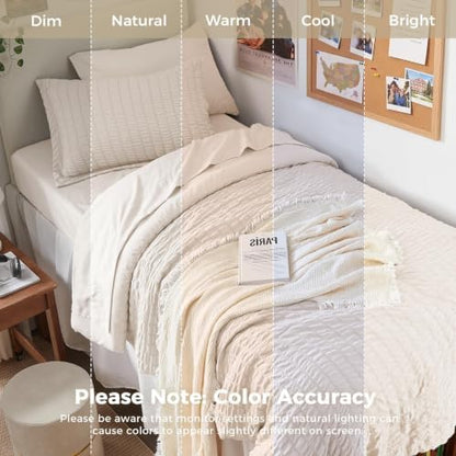 HYMOKEGE Beige Twin XL Comforter Set Seersucker 5 Pieces, All Season Luxury Bed in a Bag for Bedroom, Bedding Set with Comforter, Sheets, Pillowcase & Sham