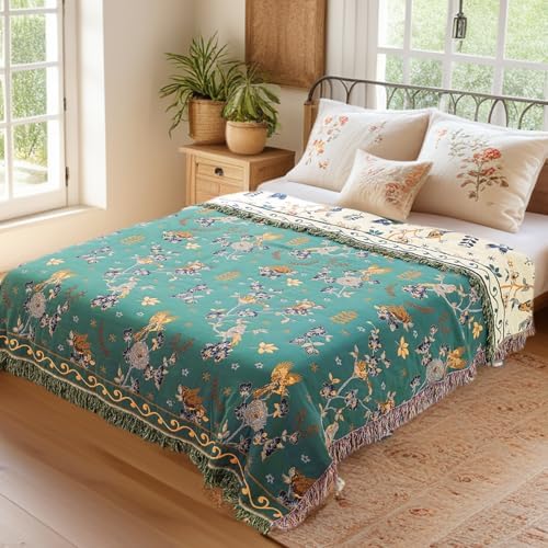VANJOROY Boho 100% Cotton Large Throw Blanket King - All Season Rustic Ultra Soft Breathable Floral Bird Blanket for Bed Sofa Couch Chair Bedspread Quilt Gift, 91" x 108"-Teal/Beige