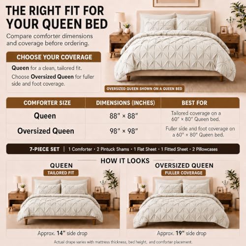 HIMEET Queen Comforter Set Beige - 7 Pieces Pintuck Bed in a Bag