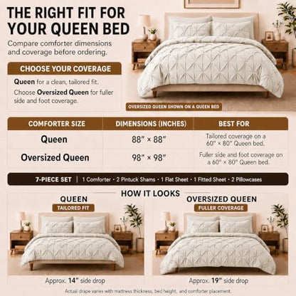 HIMEET Queen Comforter Set Beige - 7 Pieces Pintuck Bed in a Bag