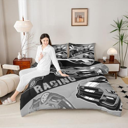 Erosebridal Race Car Bedding Set for Boys Teens Kids Black Grey Racing Car Comforter Set King Size,Cool Sports Car Quilt Bed Set Bedroom Decor for Boys Girls Race Cars Gamer Comforter Sets 3Pcs
