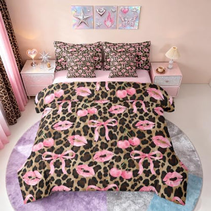 Erosebridal Leopard Skin Queen Comforter Set with Sheets Pink Ribbon Bow 7 Piece Bedding Set Pink Lips Print Bed in a Bag, Girls Bows Decor Coquette Room Decor