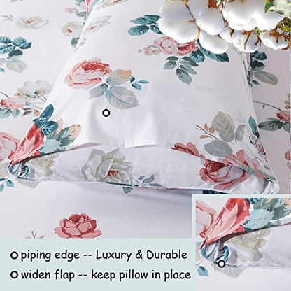 FADFAY King Size Sheets Pink Floral Bed Sheet Set Percale Cotton Shabby Vintage Rose Dark Blue Leaf Print White Sheet Set Chic Farmhouse Bedding Soft Crisp Breathable Deep Pocket Fitted Sheet 4Pcs
