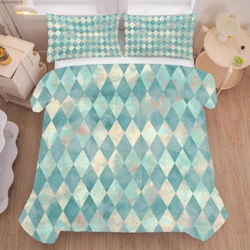 Teal Geometric Comforter Set King Size Checkered Bedding for Women Girls Bedroom Rhombus Quilt Bed Set 1 Comforter 2 Pillowcases