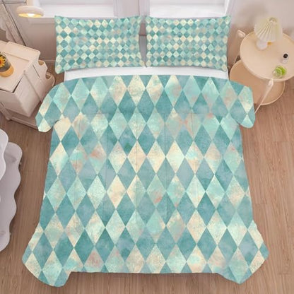 Teal Geometric Bedding Set for Kids Twin Checkered Comforter Set for Girls Bedroom Rhombus Quilt Bed Set 1 Comforter 1 Pillowcase