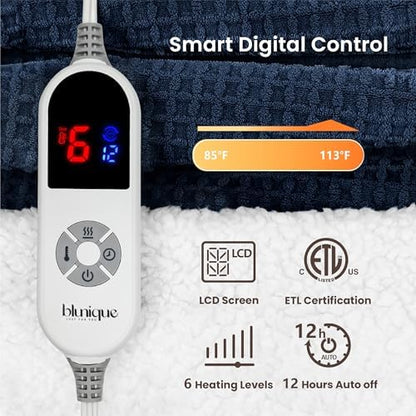 Heated Blanket Electric Blanket Full Waffle,72x84 Inches Sherpa Fleece Fast Heating Blanket 6 Heating Levels & 10 Hours Auto Off ETL Certification, Navy Full