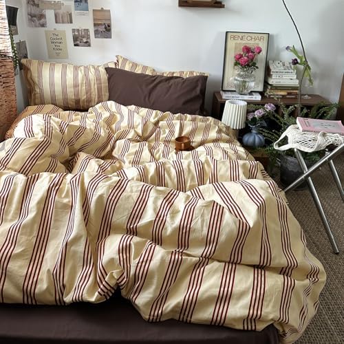 mixinni Vintage Striped Comforter Set King Size - Soft Cotton 3-Piece Boho Bedding Set (1 Comforter+ 2 Pillowcases), Rustic Red-Brown Geometric Stripes, Ultra-Soft & Breathable for All Seasons