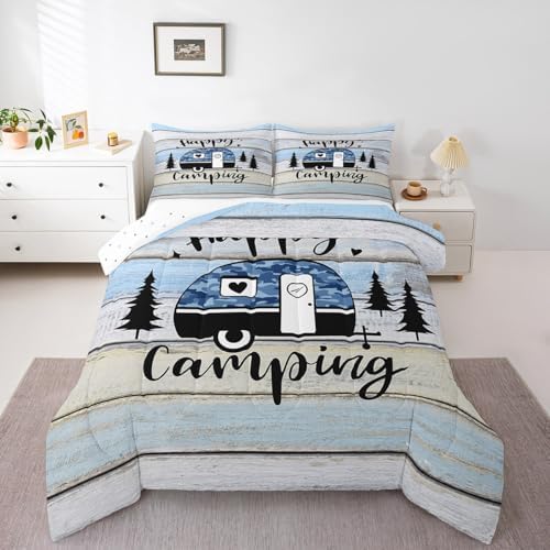 Happy Camping RV Kids Comforter Set Full Size,Pine Camo Camper Rustic Farmhouse Bedding Set,Girls Boys Room Decor,Wooden Plank Cottage Country Quilt Comforter,Blue Chic Duvet Insert,2 Pillowcases