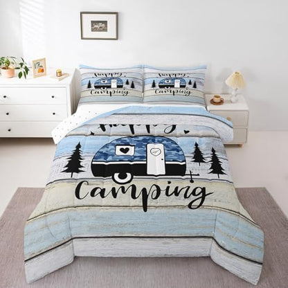 Happy Camping RV Kids Comforter Set Full Size,Pine Camo Camper Rustic Farmhouse Bedding Set,Girls Boys Room Decor,Wooden Plank Cottage Country Quilt Comforter,Blue Chic Duvet Insert,2 Pillowcases