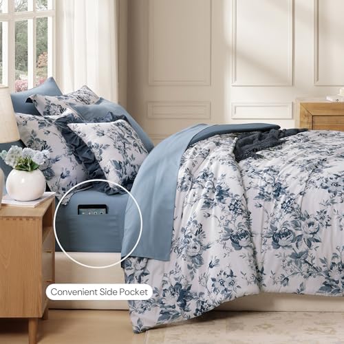 BLOOMHAVEN Full Size Comforter Sets-7 Pieces Blue Floral Bed in a Bag