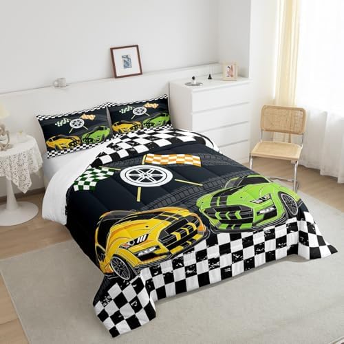 Castle Fairy Sports Car Comforter Set,Yellow and Green Bedding Set for Kids Girls Women,Adults Black and White Square Comforter,Extreme Sports Quilted Duvet Set Bedroom Collection Twin Size 2Pcs
