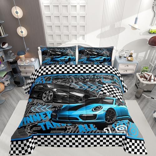Castle Fairy Boys Race Car Twin Size Comforter Set,Kids Blue Sports Car Decor All Season Bedding Set,Teens Extreme Sports Comforter,Children Decor Quilt Set Bedroom Collection 2Pcs