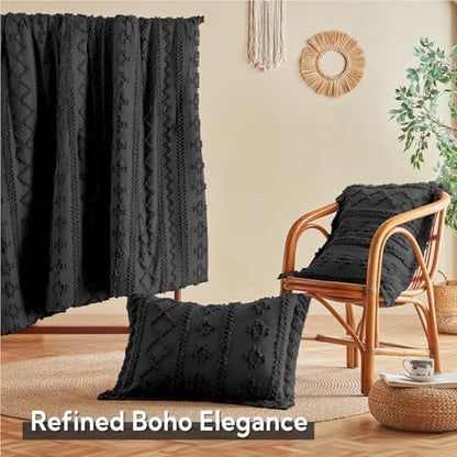 MR&HM Queen Comforter Set 7 Pieces, Fluffy Tufted Boho Beddding Set Black