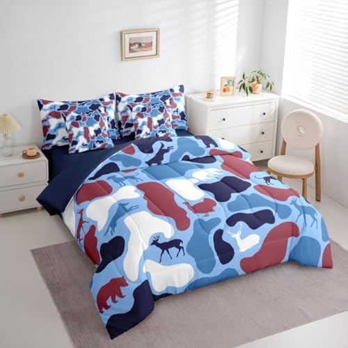 Erosebridal Camo 7 Piece Bedding Set Full Deer Hound Comforter Set with Sheets Wolf Bear Theme Camouflage Bed in a Bag Turkey Red Blue Woods Retro for Kids Boys Girls