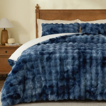 BEDELITE Tie Dye Faux Fur Comforter Set King,Thick Winter Comforter,Navy