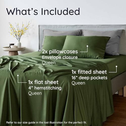 Bambaw 100% Viscose Derived from Bamboo Sheets Queen Size Set – 4pcs Cooling Sheet Set, Super Soft Sheets Queen Size, Luxury Bedding, Deep Pocket Fits Up to 16'' Mattresses (Olive)