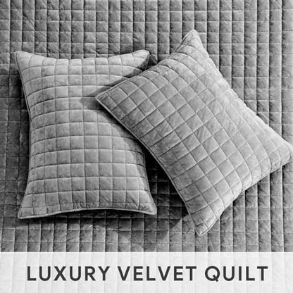 RECYCO Channel Box Stitch Velvet Quilt Set Twin/Twin XL Size, Charcoal Gray