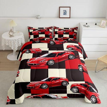 Erosebridal Red Racing Car Bedding Set Twin for Boys, Cool Speed Race Car Comforter Set for Kids Youth Men Teens Room Decor, Extreme Sport Quilt, Grid Buffalo Comforter, 2 Piece