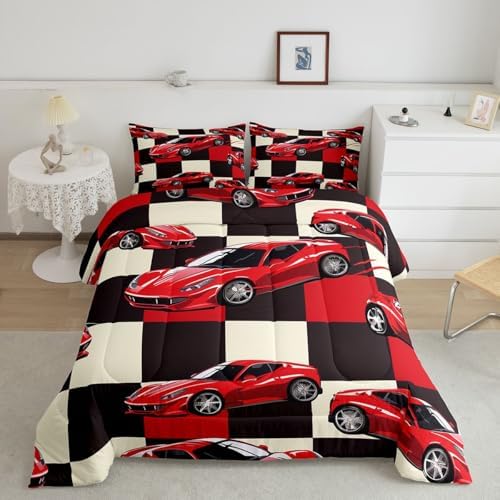 Erosebridal Red Racing Car Queen Comforter Set for Boys, Cool Speed Race Car Bedding Set for Kids Youth Men Teens Room Decor, Extreme Sport Comforter, Grid Buffalo Quilt, 3 Piece