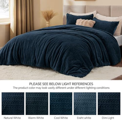 ChiXpace Fleece Full Size Comforter Set Navy, Fluffy Bed Set 3 Pieces