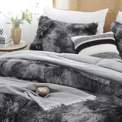 Smoofy Fluffy Full Size Comforter Set Tie-dye Grey Faux Fur Comforter 3Pcs