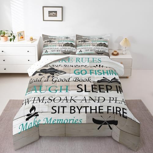 Lake House Bedding Set Queen Size,Fishing and Boating Comforter Set 3pcs Kids Teens Boys Men Bedroom Decor Rustic Farmhouse Wood Quilted Duvet Outdoor Adventure Camper Duvet Insert,2 Pillowcases