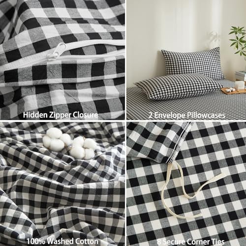 Gingham Duvet Cover Set 3 Piece 100% Washed Cotton Linen Feel Modern Plaid Checkered Bedding Comfy Breathable (Black/White Gingham, Queen)