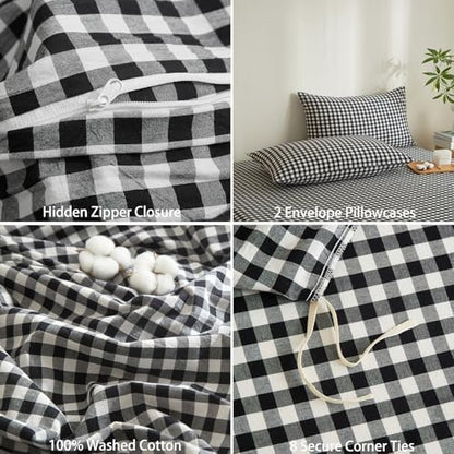 Gingham Duvet Cover Set 3 Piece 100% Washed Cotton Linen Feel Modern Plaid Checkered Bedding Comfy Breathable (Black/White Gingham, Queen)