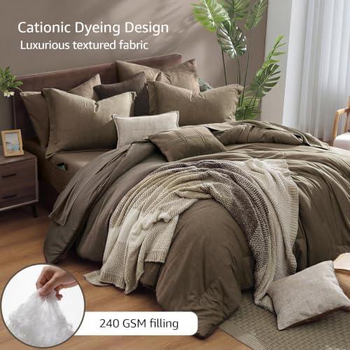Monbix Queen Comforter Set 7 Pieces Cationic Dyeing Taupe Grey Bed in a Bag