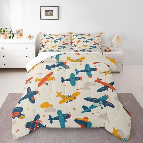 Manfei Aircraft Kids Comforter Set Queen Size, Cartoon Airplane Bedding Set for Boys Girls Room Decor, Flying Plane Print Down Comforter for All Season, Soft Polyester Quilt Set, 2 Pillowcases