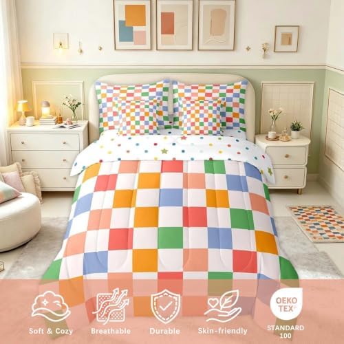 Feelyou Checkered Retro 7 Piece Bedding Set Teen Women Men Rainbow Colorful Plaid Comforter Set with Sheets King Size Kids Boys Geometric Vintage Bed in a Bag Modern Groovy Aesthetic Room Decor
