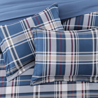 Plaid Full Size Comforter Set Medium Blue 7 Pieces Farmhouse Bed in a Bag