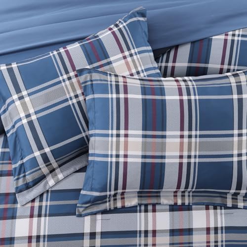 Plaid Queen Size Comforter Set Medium Blue 7 Pieces Farmhouse Bed in a Bag